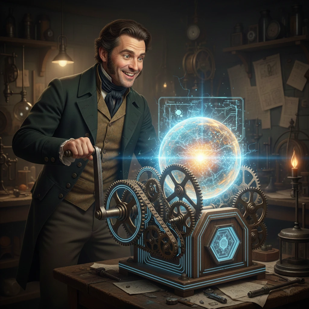 A man from the 1800s turns a crank which turns the gears of a futuristic looking machine that is producing vibrant light.