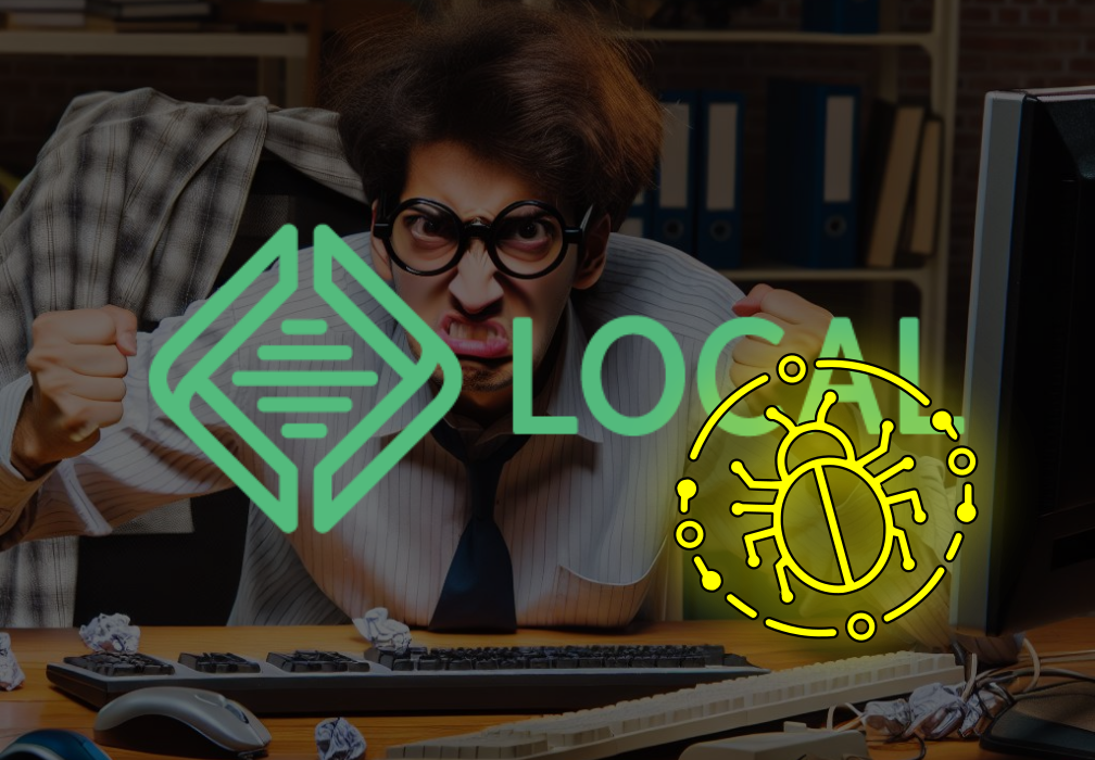 The Local logo on top of a stylized, colorful backdrop of a person writing code in an office.