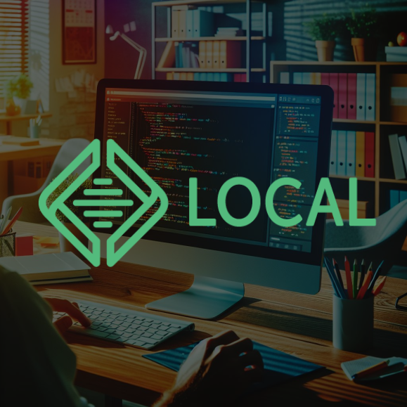 The Local logo on top of a stylized, colorful backdrop of a person writing code in an office.