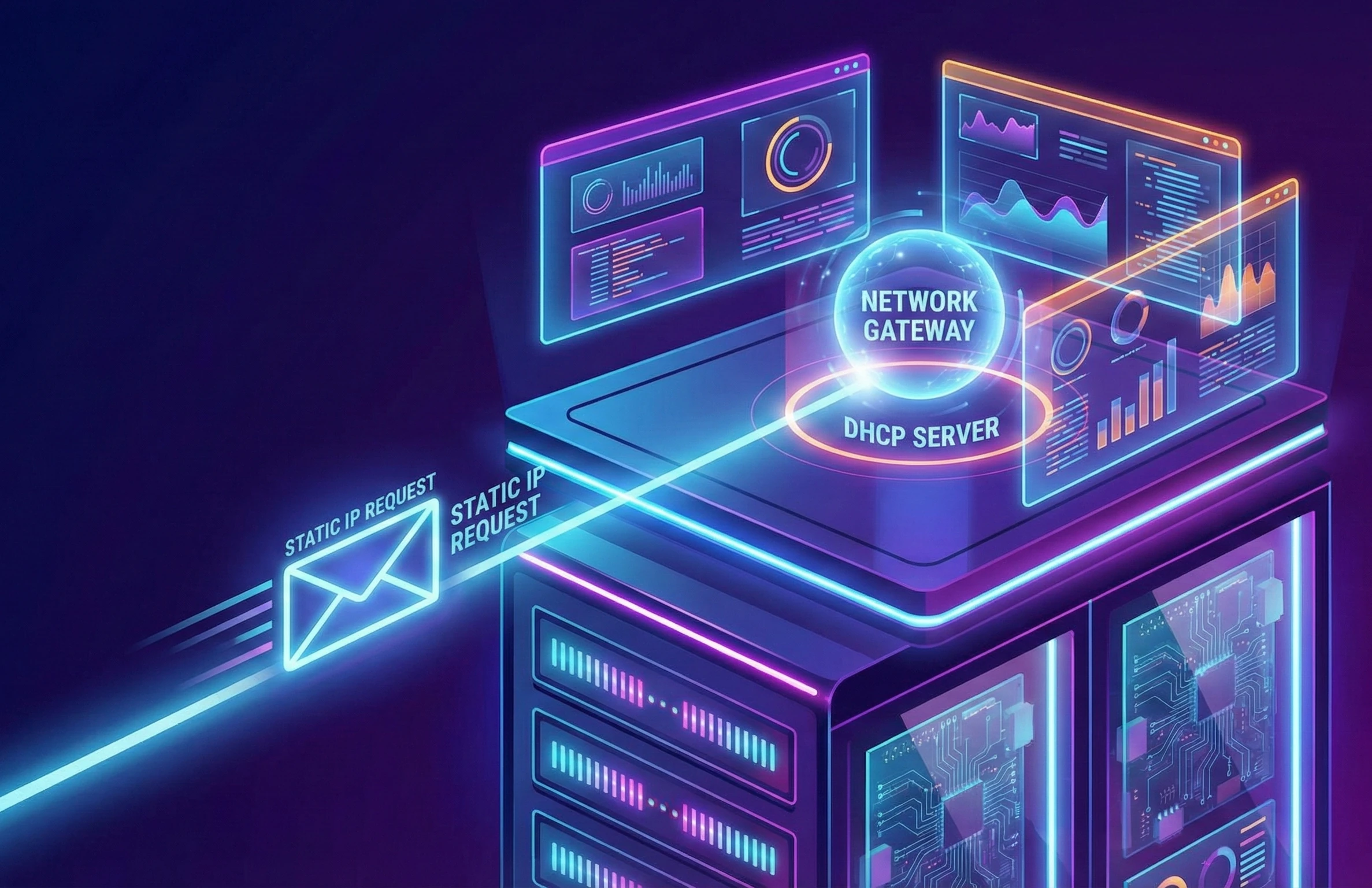 Illustration of a packet being sent to request a static IP address from a network gateway.